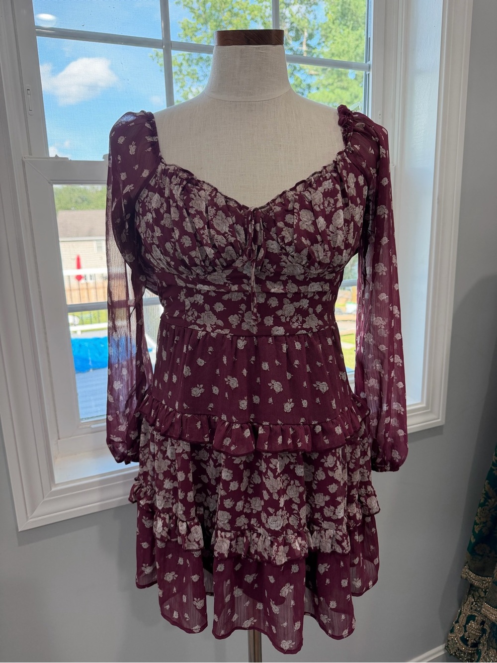 Women’s Floral Burgundy Tiered Mini Dress